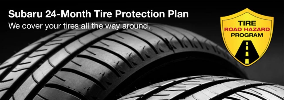 Subaru tire with 24-Month Tire Protection and road hazard program logo. | Victory Subaru in Somerset NJ