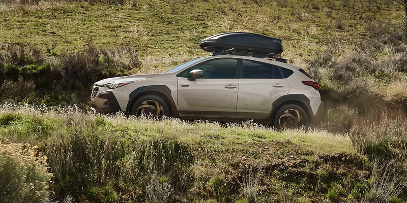 Mud-splattered tan crossover SUV with a black rooftop carrier driving on a grassy and muddy off-road trail.