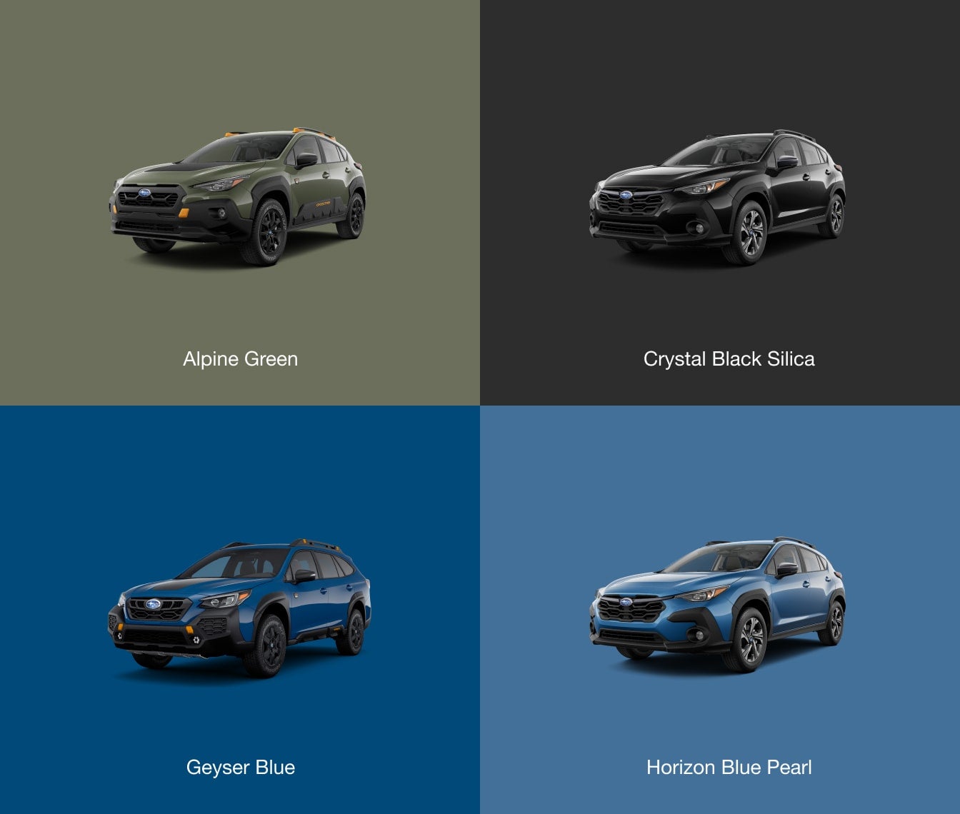 Four Subaru Crosstrek Wilderness models on split backgrounds showing Alpine Green, Crystal Black Silica, Geyser Blue, and Horizon Blue Pearl.