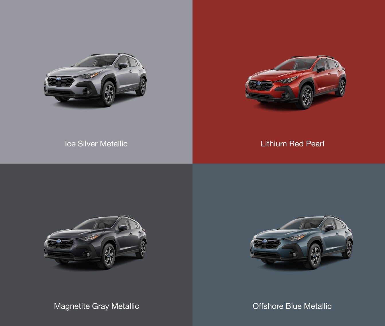 Four Subaru Crosstrek cars in different colors: silver, red, gray, and blue.