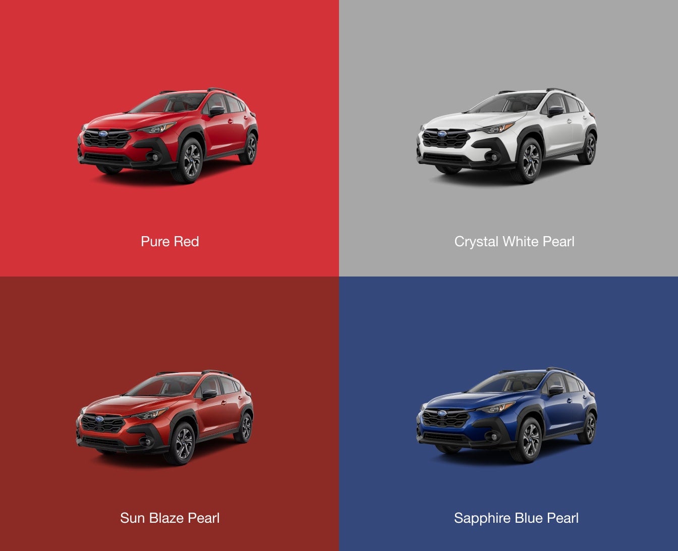 Four Subaru Crosstrek cars in different colors: red, white, orange-red, and blue.