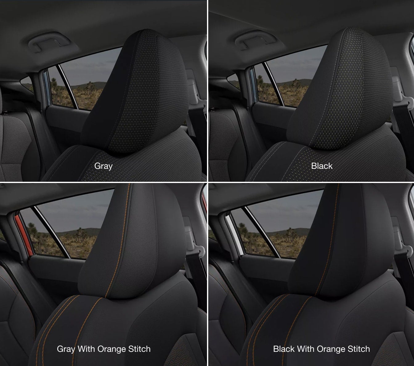 Four car seat images: Gray, Black, Gray with Orange Stitching, and Black with Orange Stitching.
