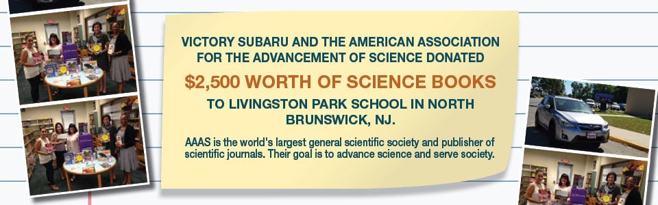 A collage of three photos: a Subaru parked outside, and two indoor shots of women with donated science books.