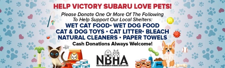 Help Victory Subaru Love Pets! supplies needed for shelters, with cute illustrations of a cat, dog, and pet items.