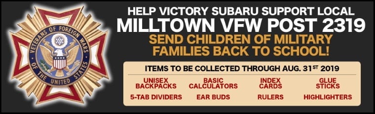 VFW school supply drive in partnership with Victory Subaru, listing items like backpacks, calculators, and highlighters.