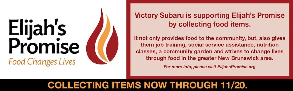 Elijah's Promise logo with text Food Changes Lives and details about Victory Subaru's food drive and Elijah's Promise services.