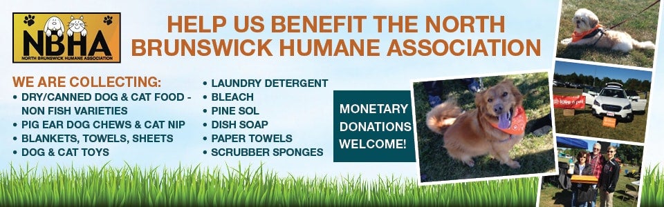 Banner for North Brunswick Humane Association, listing urgent collection items, monetary donations welcome, with images of dogs and people at an outdoor event.