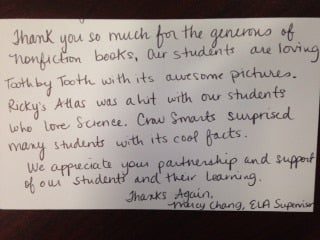 Handwritten thank you note to a book donor from Marcy Chang, ELA Supervisor.