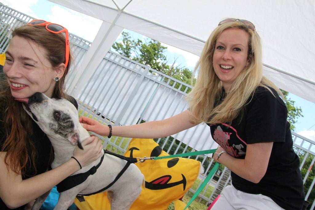 Two smiling women with a white and gray dog licking one woman's face under a white tent.