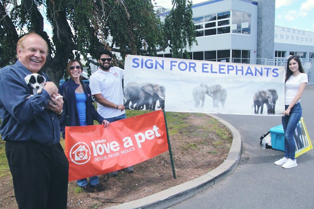 A group of people holding signs for elephant and pet rescue awareness initiatives.