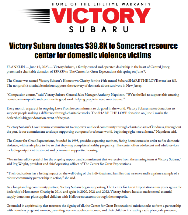 Victory Subaru news release announcing their donation of $39,839 to a resource center for domestic violence victims.